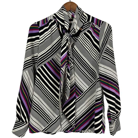 Trina Turk Blouse Kitty Bow Mod Stripe Print Keyhole Neckline - M - Picture 1 of 6